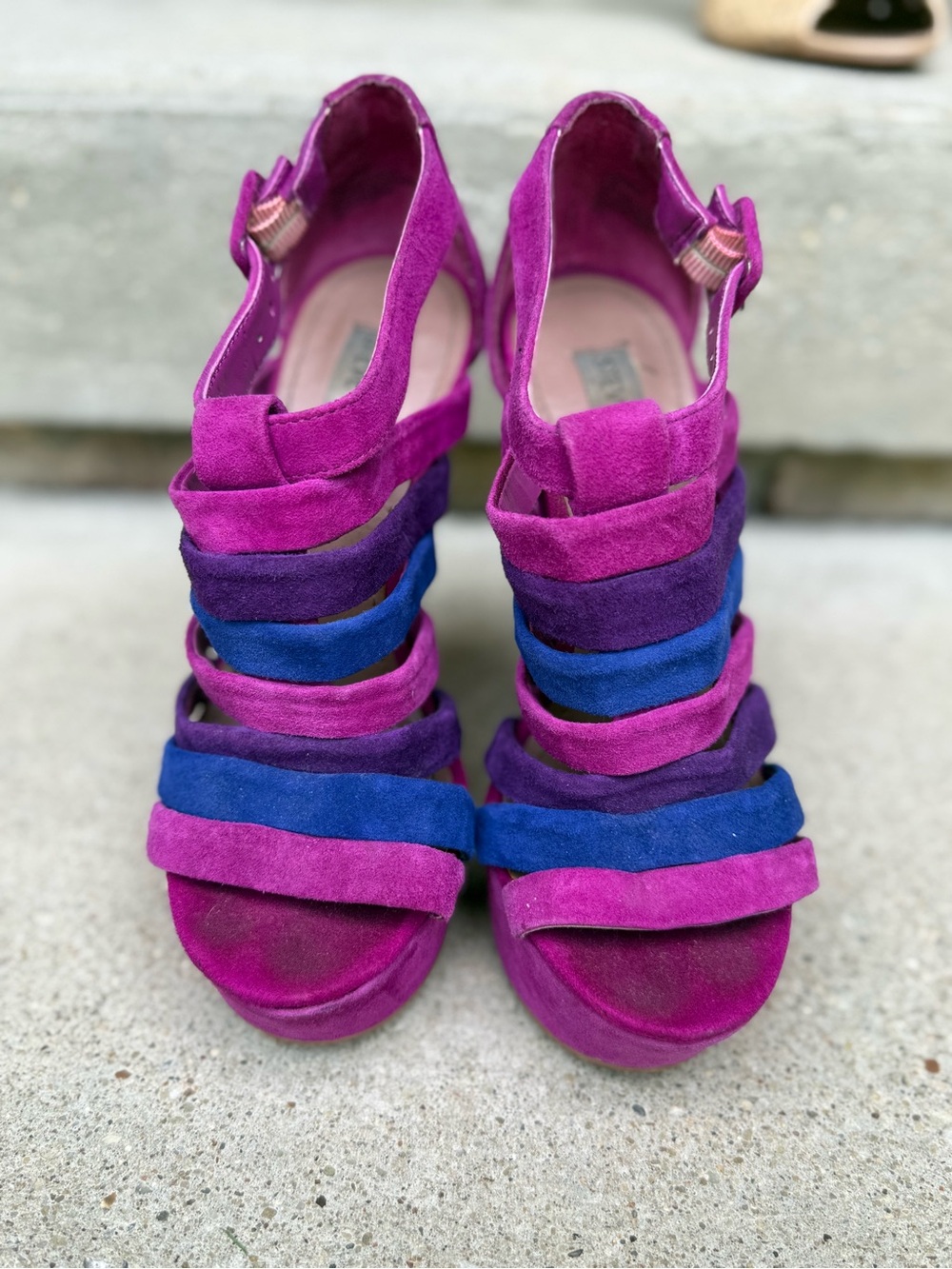 Steve Madden Suede Multistrap Wedge Sandals in Magenta, Purple & Royal Blue